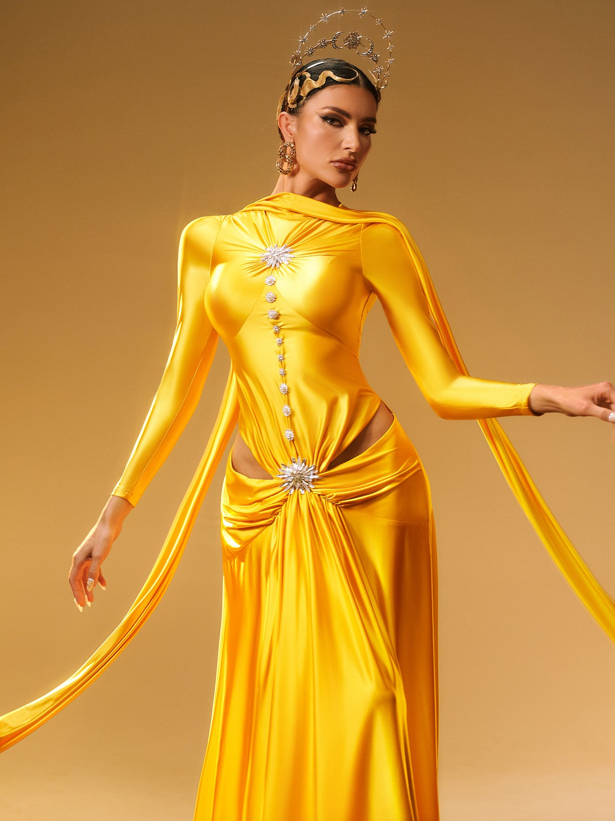 Long Sleeve Crystal Satin Maxi Dress - View 2