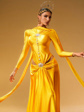 Long Sleeve Crystal Satin Maxi Dress - View 2