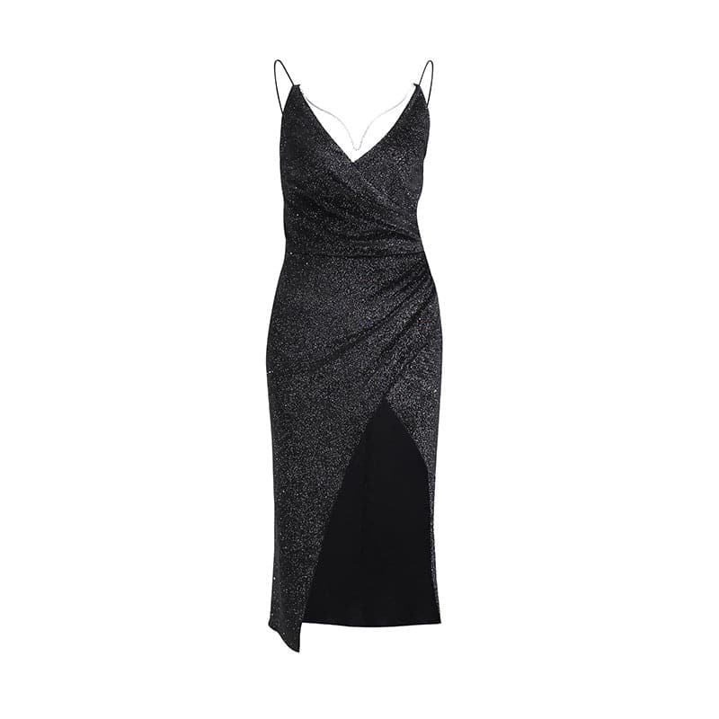 Glitter Spaghetti Strap Deep V-Neck Ruched Wrap High Split Midi Party Dress