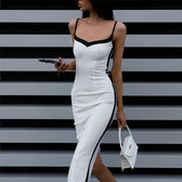 Patchwork V Neck Spaghetti Strap Sleeveless Bodycon Maxi Dress White / S