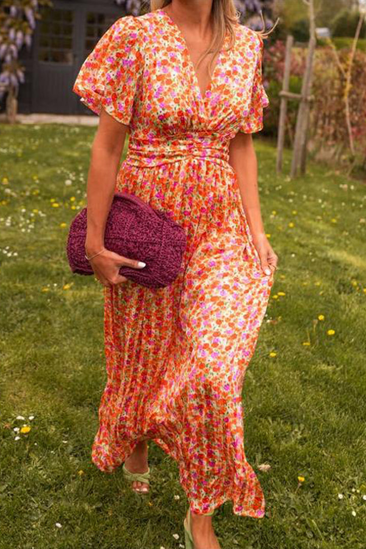 Floral Print V-Neck Flutter Sleeve Wrap Maxi Dress
