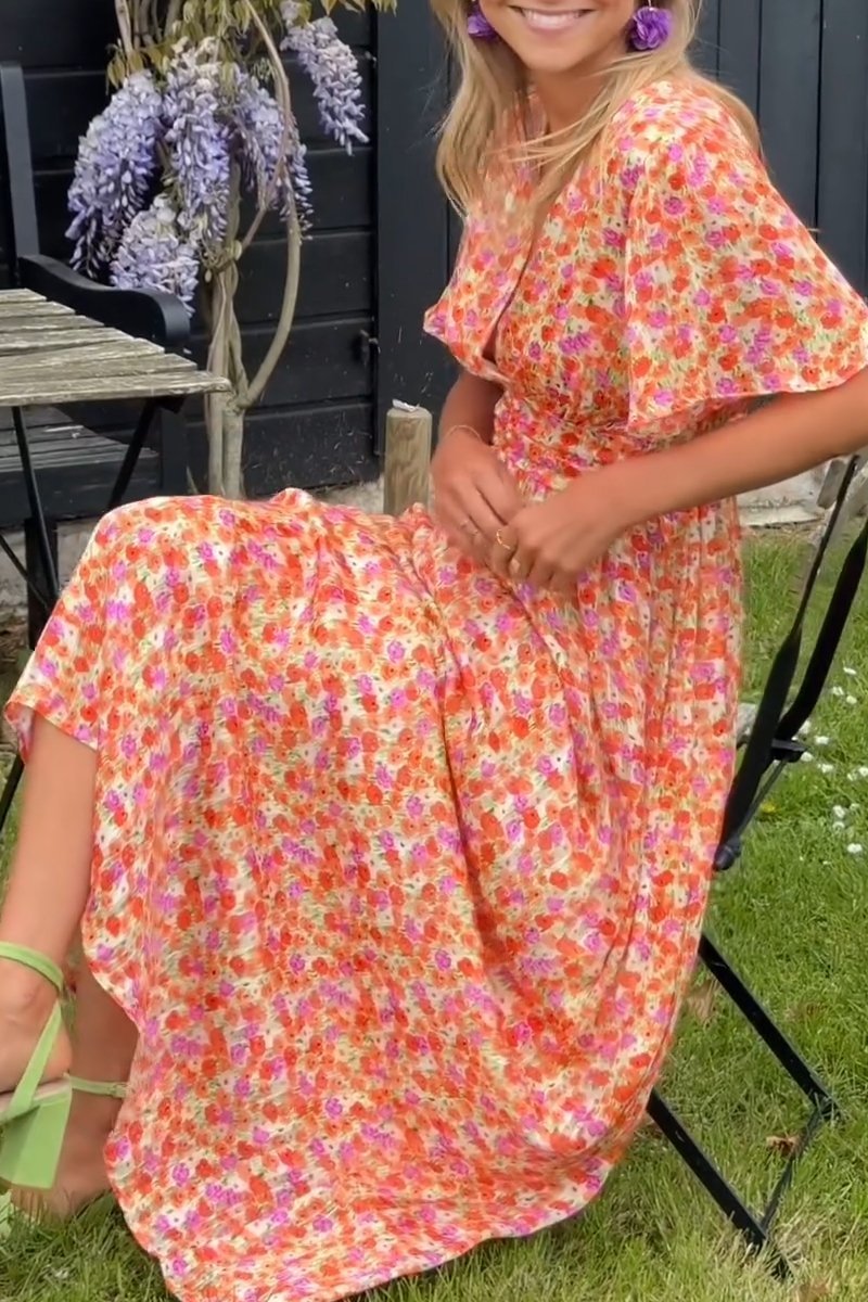 Floral Print V-Neck Flutter Sleeve Wrap Maxi Dress