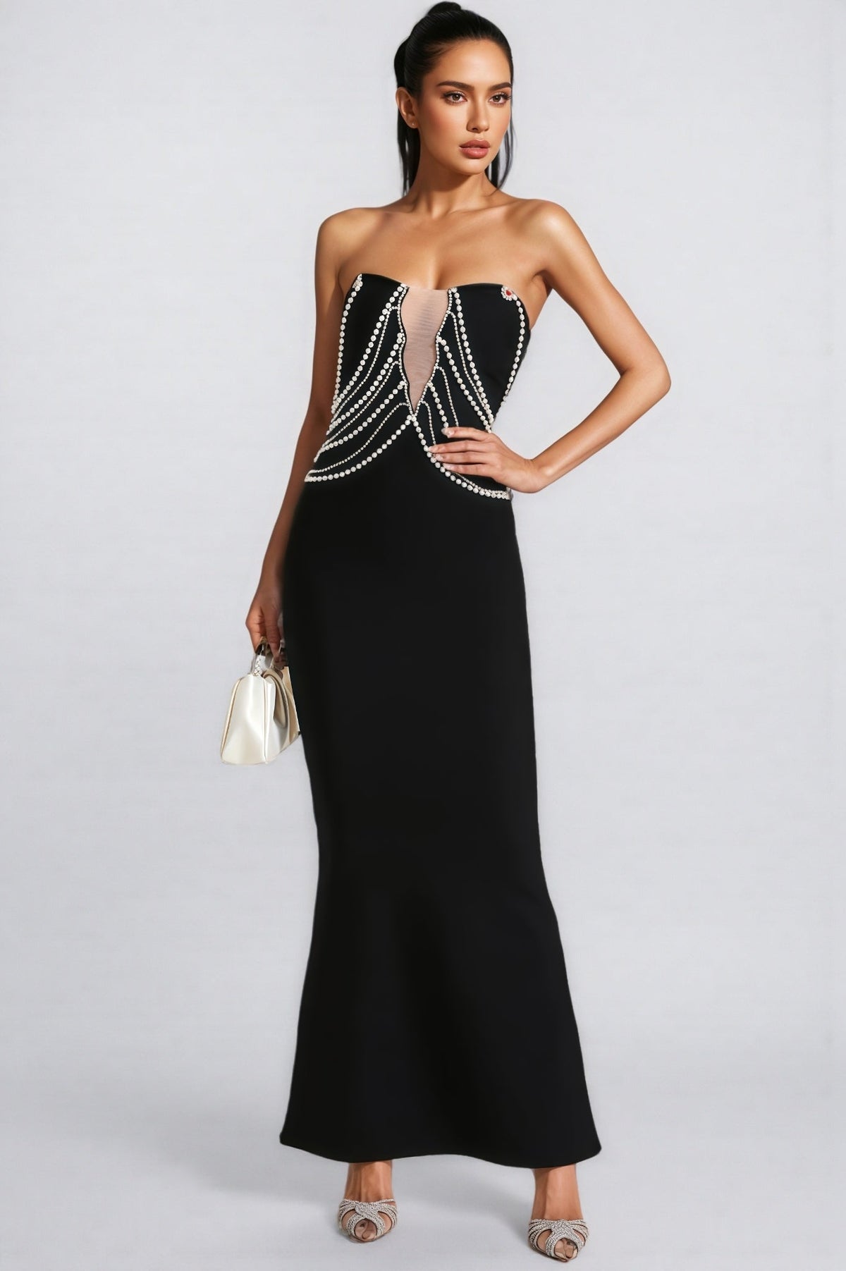 Strapless Faux Pearl Draped Chain Mesh Insert Mermaid Maxi Dress 6