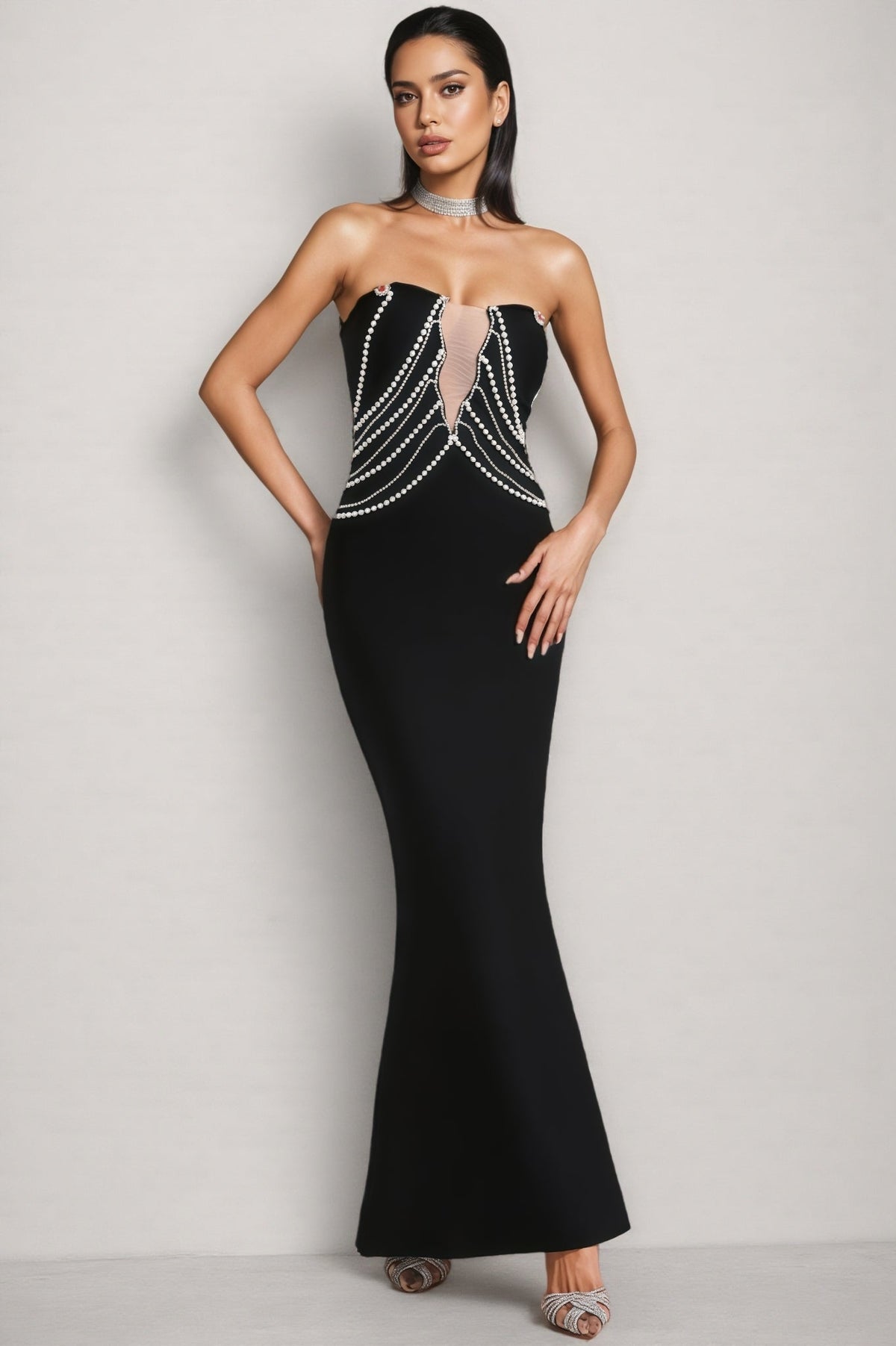 Strapless Faux Pearl Draped Chain Mesh Insert Mermaid Maxi Dress