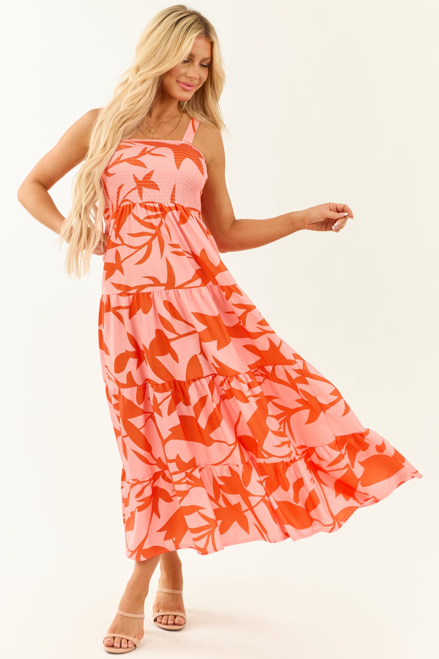 Floral Print Square Neck Smocked Tiered Midi Dress 2