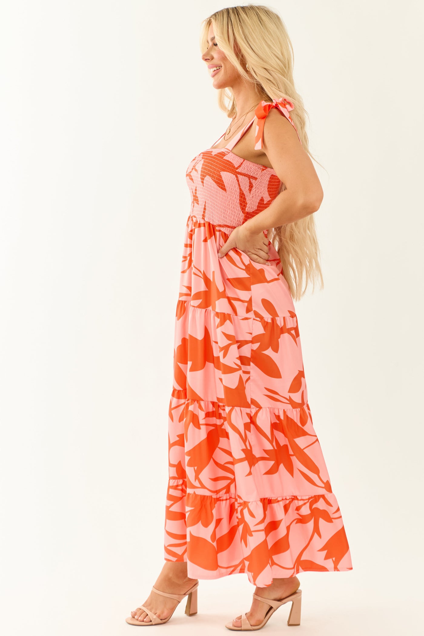 Floral Print Square Neck Smocked Tiered Midi Dress 4