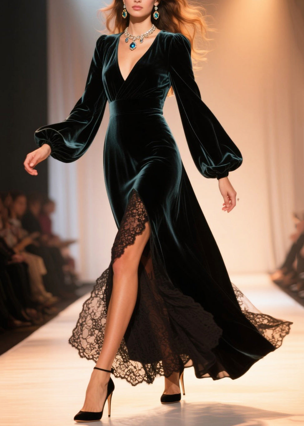 Velvet Deep V-Neck Bishop Sleeve Lace Border High Split Maxi Gown