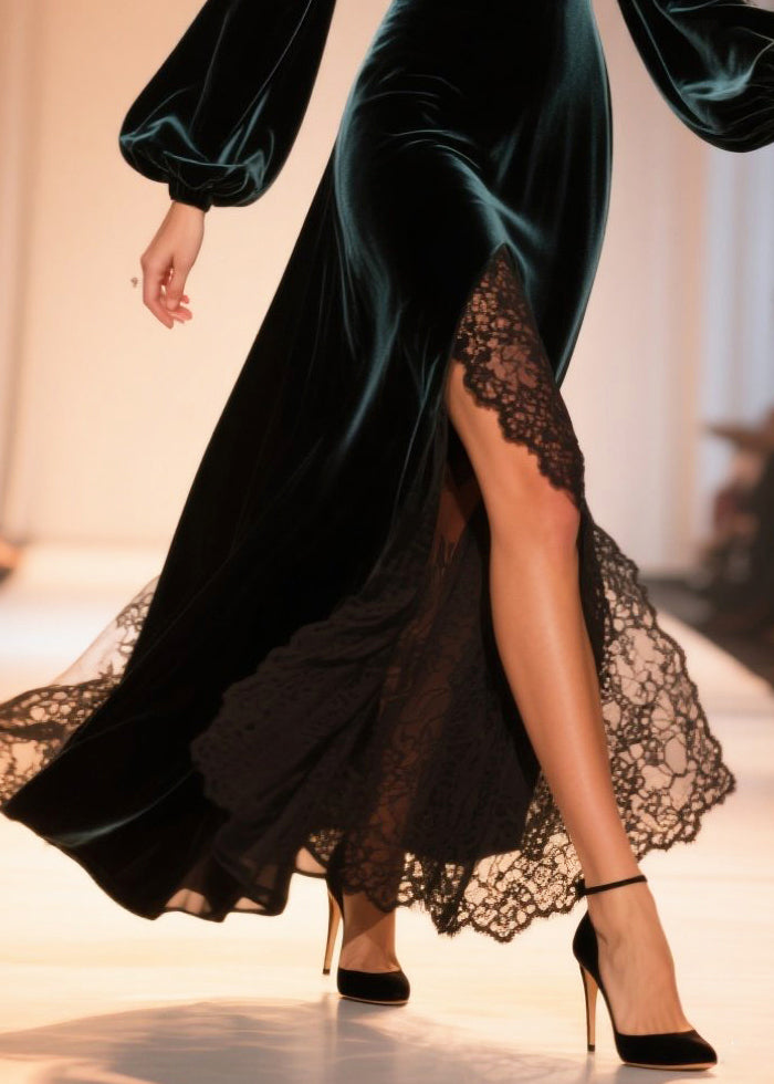 Velvet Deep V-Neck Bishop Sleeve Lace Border High Split Maxi Gown