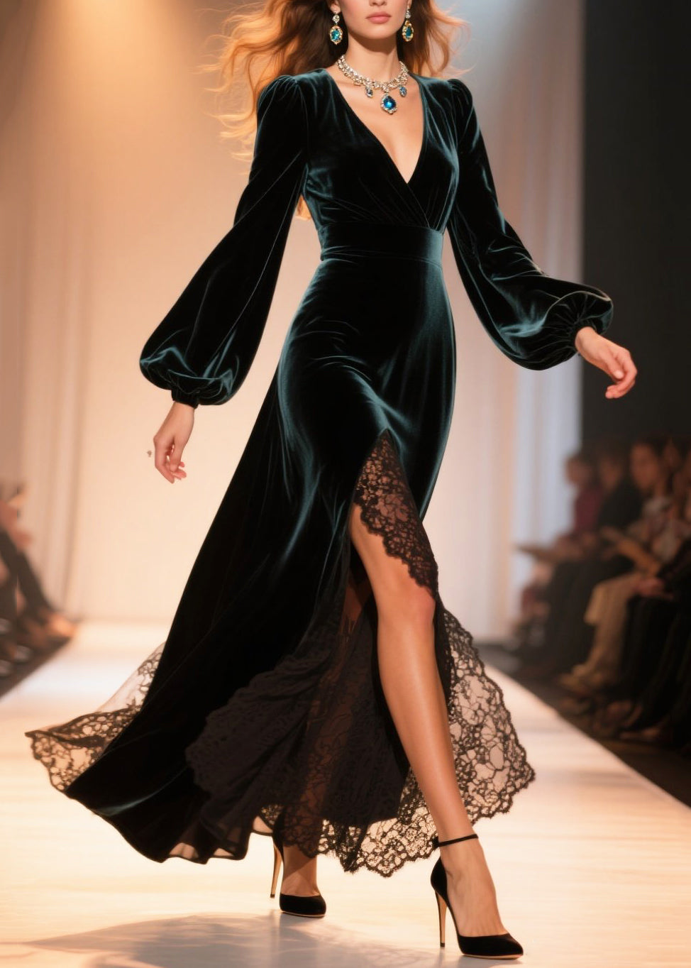 Velvet Deep V-Neck Bishop Sleeve Lace Border High Split Maxi Gown