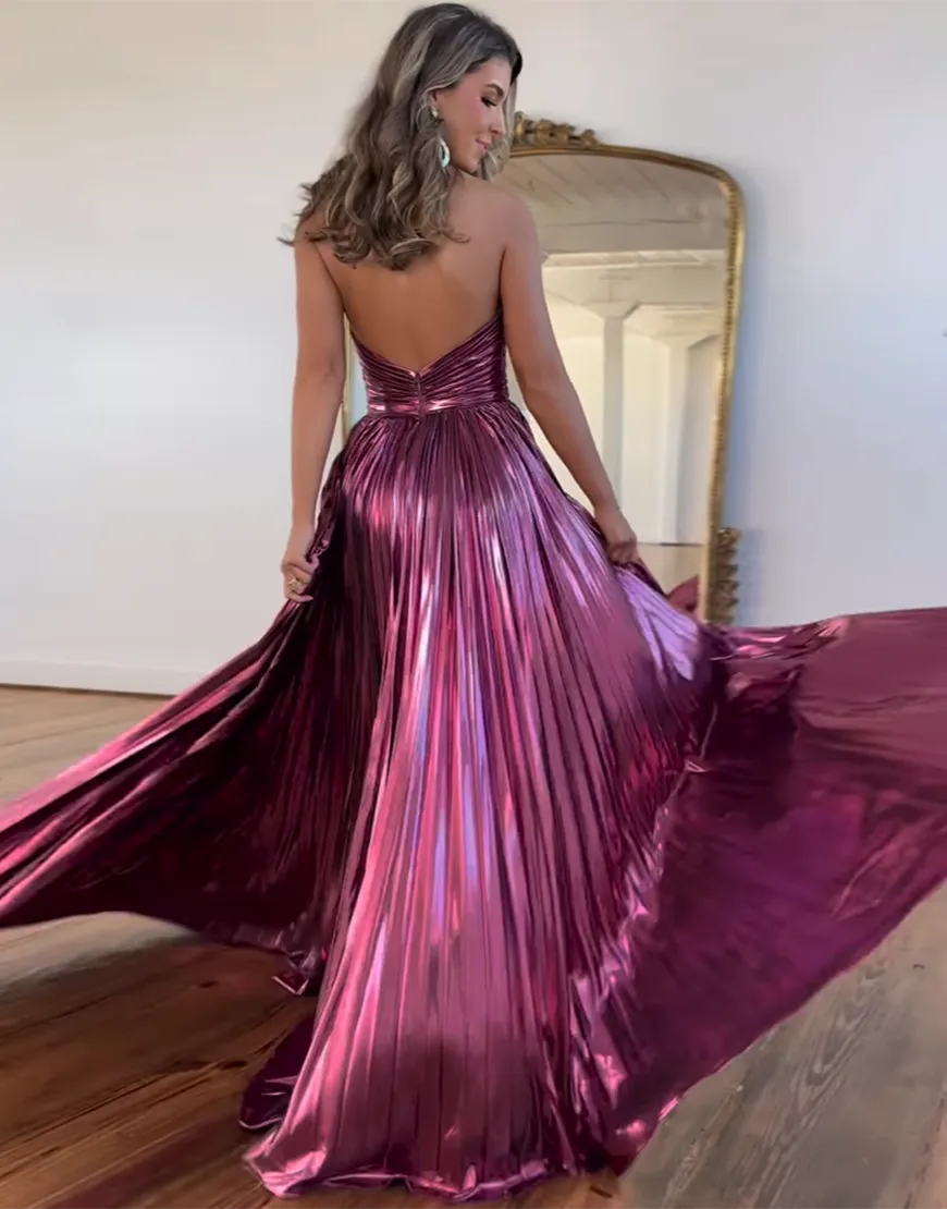 Peacock Blue Halter Neck A-Line Long Metallic Prom Dress With Slit