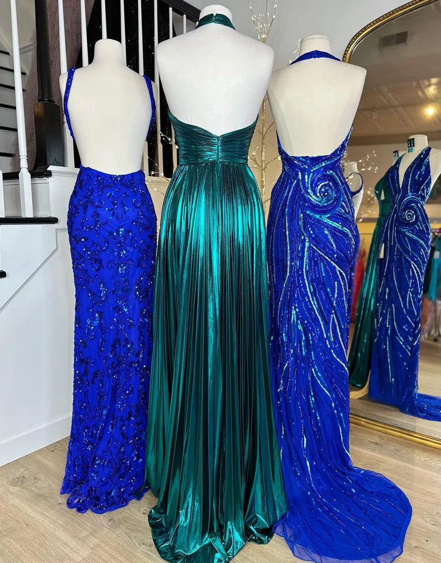 Peacock Blue Halter Neck A-Line Long Metallic Prom Dress With Slit