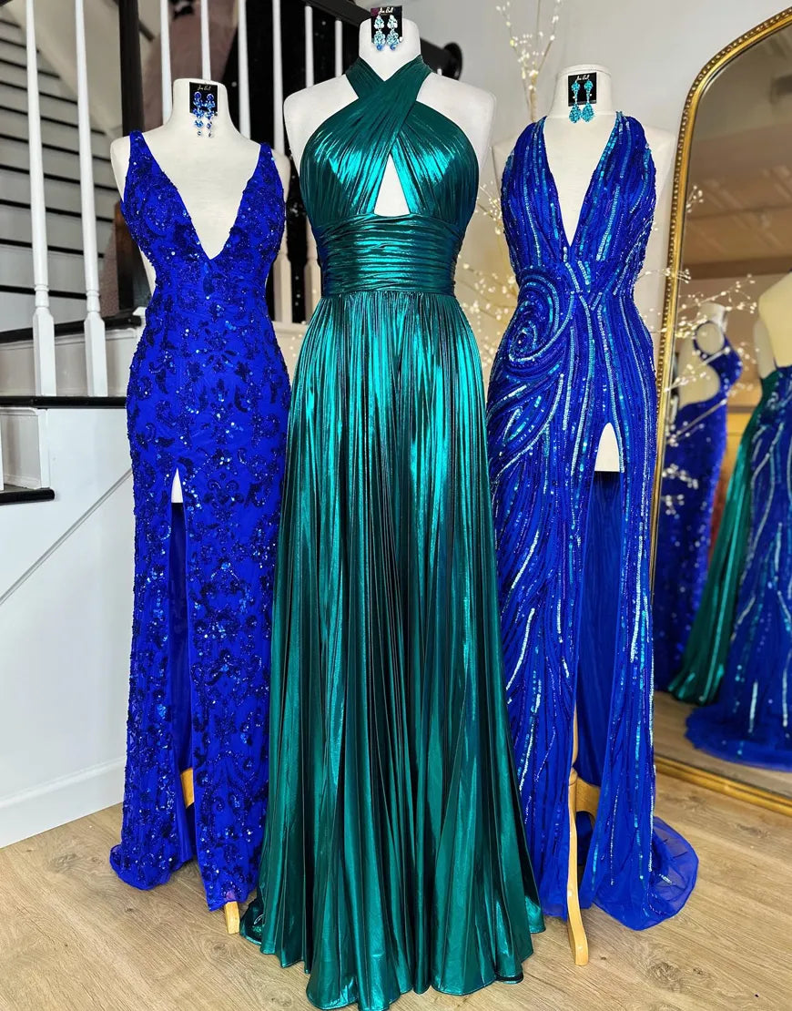 Peacock Blue Halter Neck A-Line Long Metallic Prom Dress With Slit
