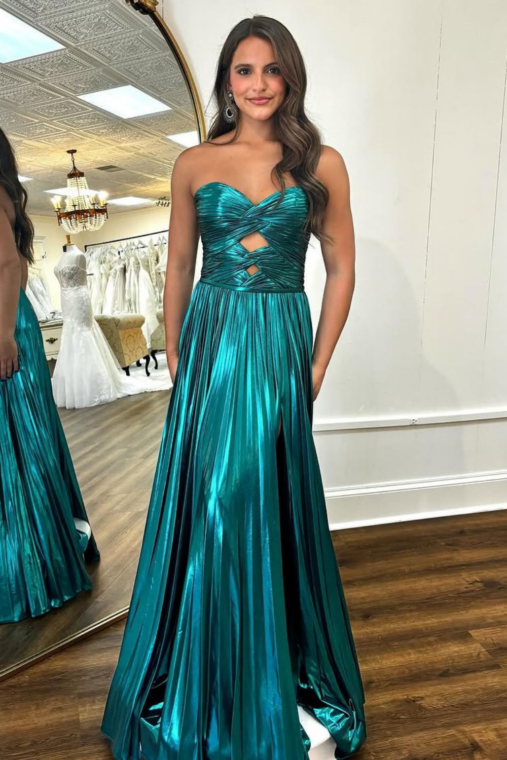 Peacock Green Sweetheart A-Line Long Pleated Metallic Prom Dress With Slit