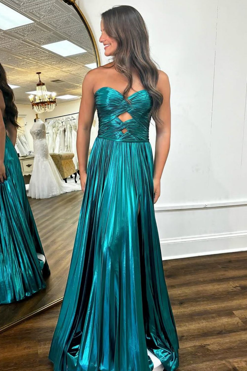 Peacock Green Sweetheart A-Line Long Pleated Metallic Prom Dress With Slit