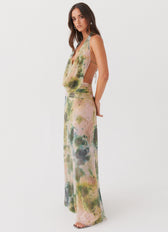 Tie Dye Mesh Halter Neck Cowl Backless Maxi Dress 4