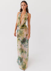 Tie Dye Mesh Halter Neck Cowl Backless Maxi Dress