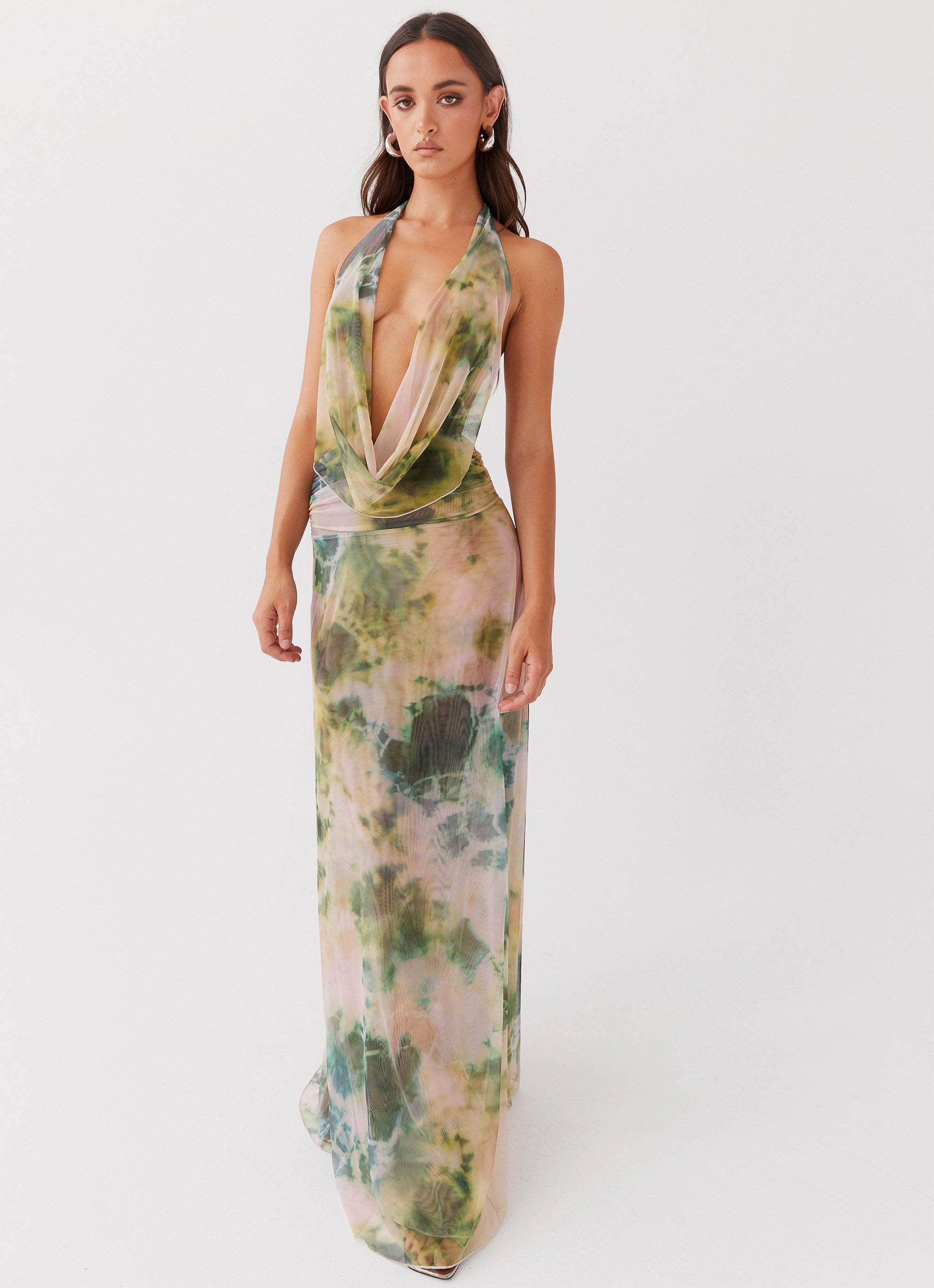Tie Dye Mesh Halter Neck Cowl Backless Maxi Dress