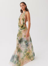 Tie Dye Mesh Halter Neck Cowl Backless Maxi Dress 6