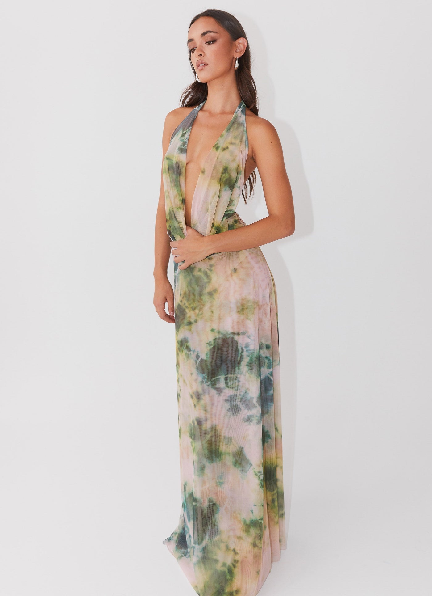 Tie Dye Mesh Halter Neck Cowl Backless Maxi Dress 8