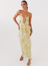Floral Chiffon Spaghetti Strap Ruffle Cut Out Maxi Dress