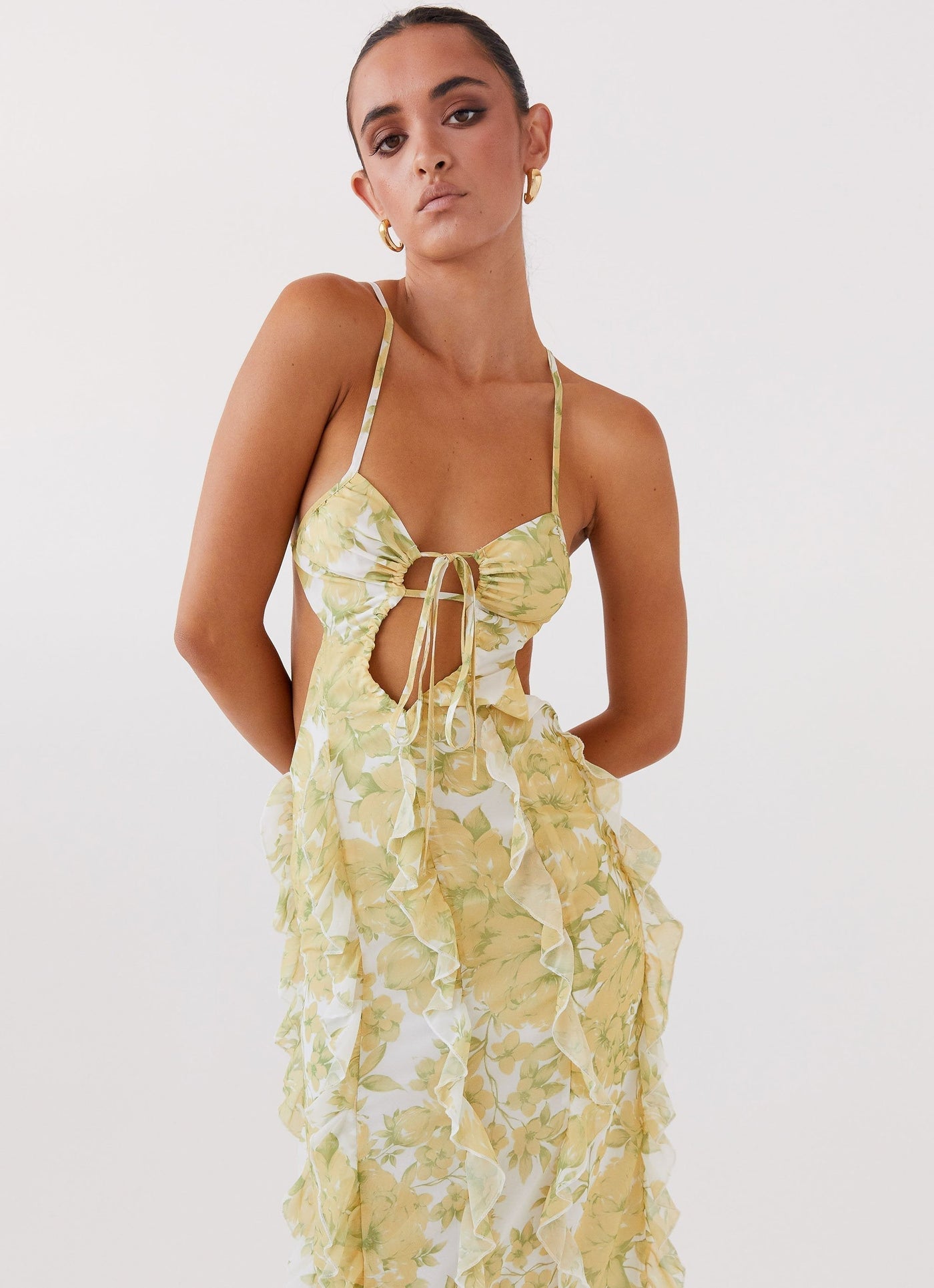 Floral Chiffon Spaghetti Strap Ruffle Cut Out Maxi Dress 4