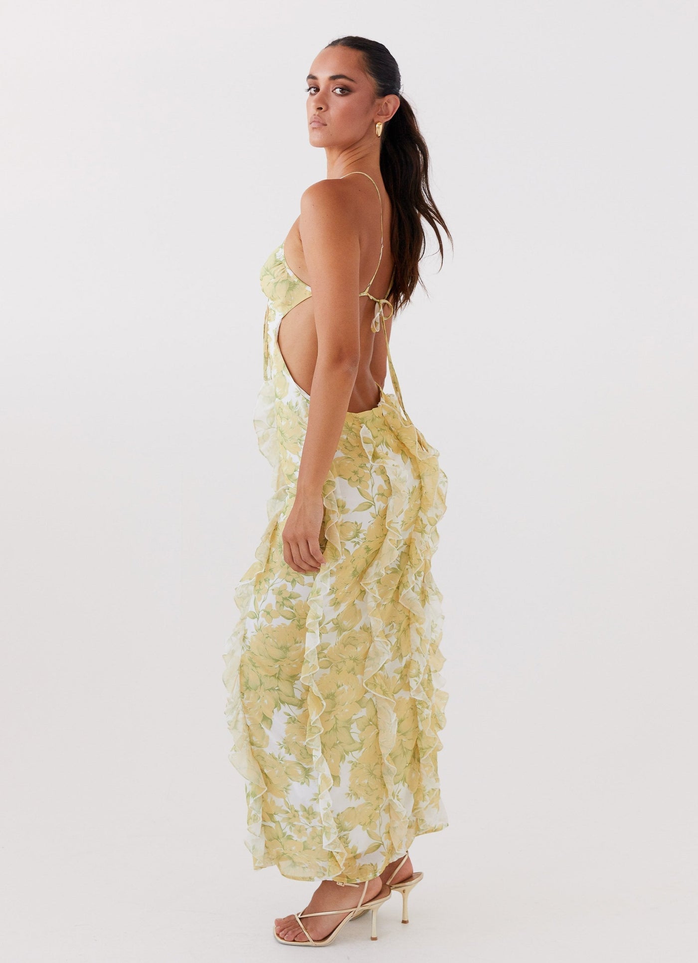Floral Chiffon Spaghetti Strap Ruffle Cut Out Maxi Dress 2