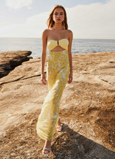 Floral Strapless Cut Out Maxi Dress Summer