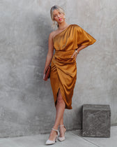 Persimmon One Shoulder Satin Drape Dress Marigold - View 7