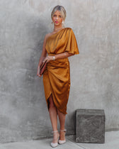 Persimmon One Shoulder Satin Drape Dress Marigold - View 4