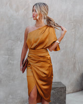 Persimmon One Shoulder Satin Drape Dress Marigold - View 5