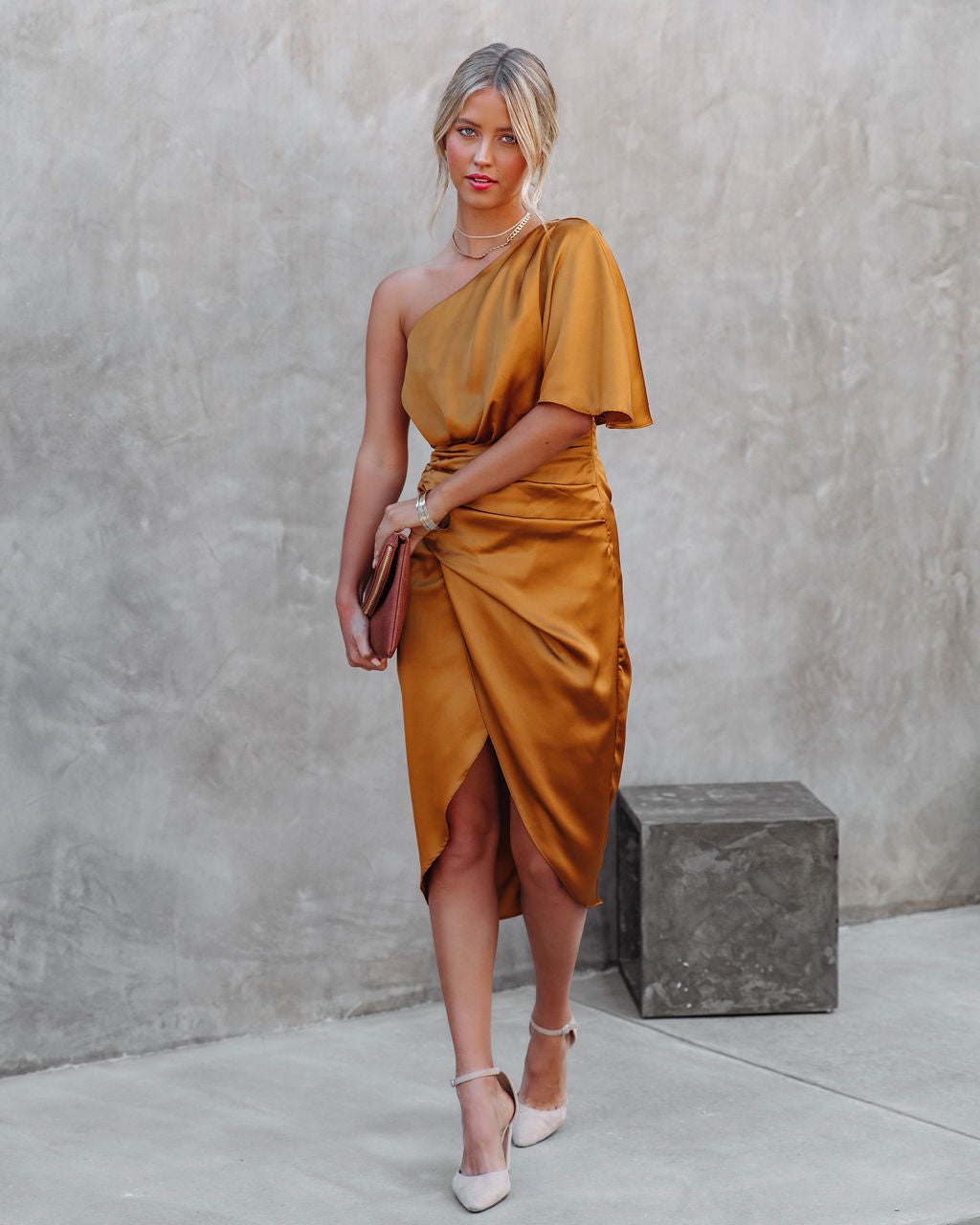 Persimmon One Shoulder Satin Drape Dress Marigold - View 9