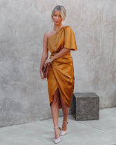 Persimmon One Shoulder Satin Drape Dress Marigold - View 9