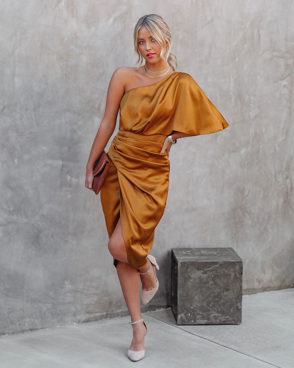 Persimmon One Shoulder Satin Drape Dress Marigold - View 3