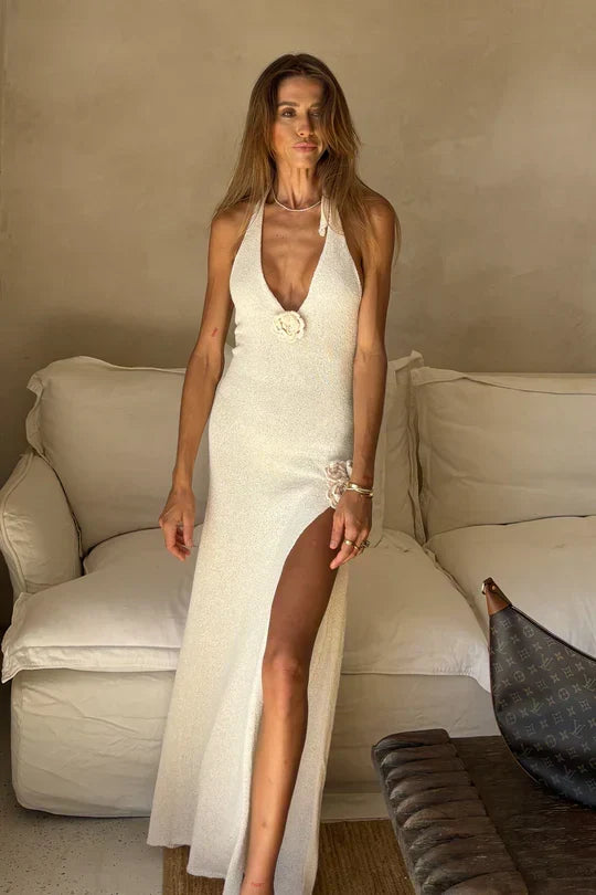 Knit Halter Neck Rosette Trim High Split Maxi Dress 3