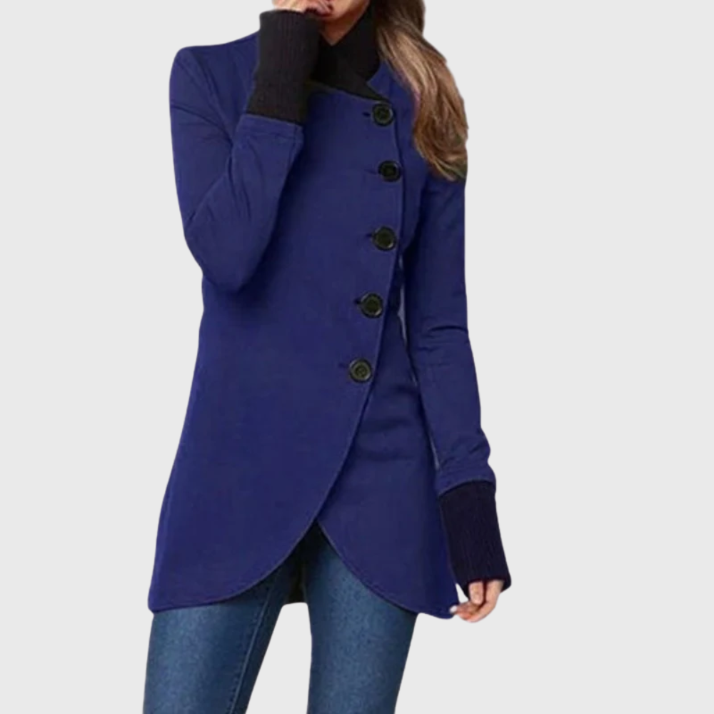 Stand Collar Asymmetric Button Wrap Hem Longline Coat