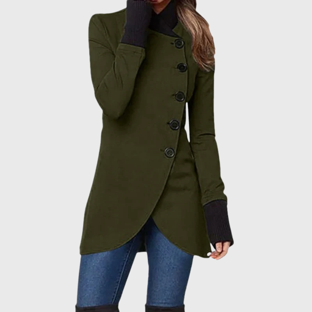 Stand Collar Asymmetric Button Wrap Hem Longline Coat