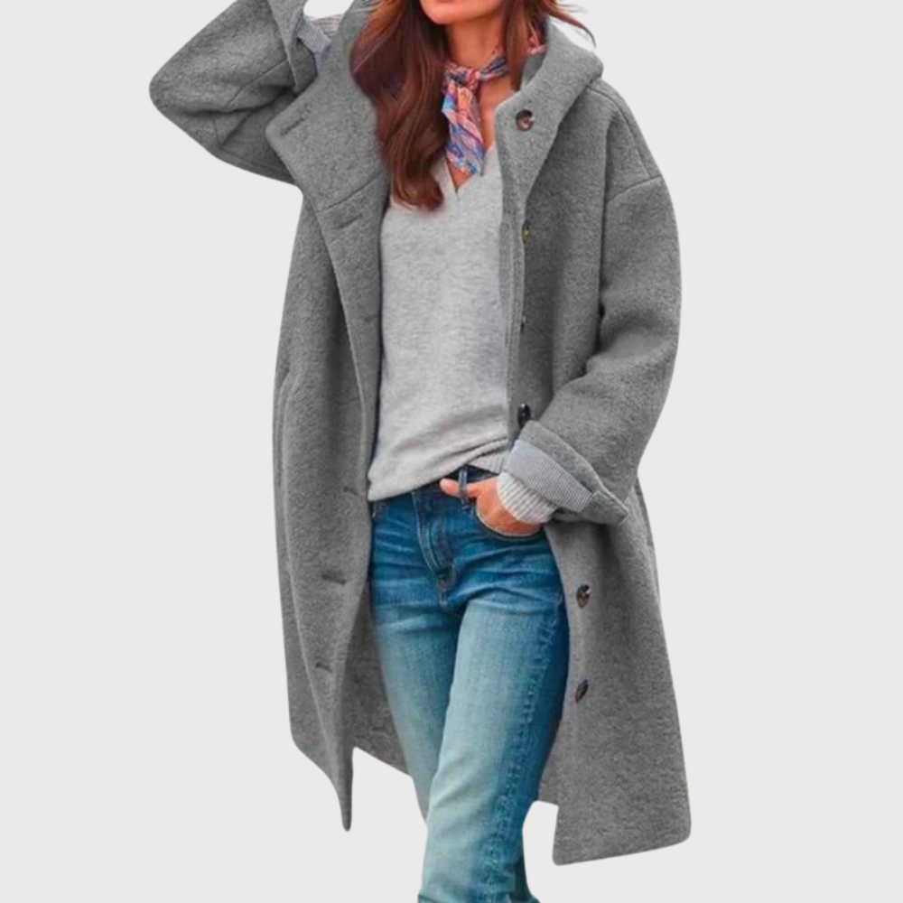 Hooded Button Front Longline Wool Look Coat