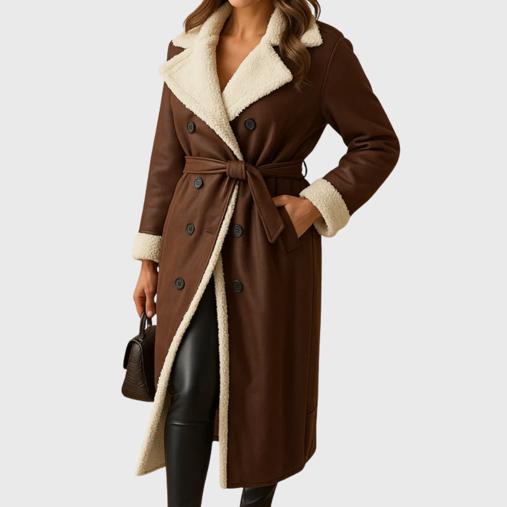 Faux Fur Lined Faux Leather Belted Longline Coat