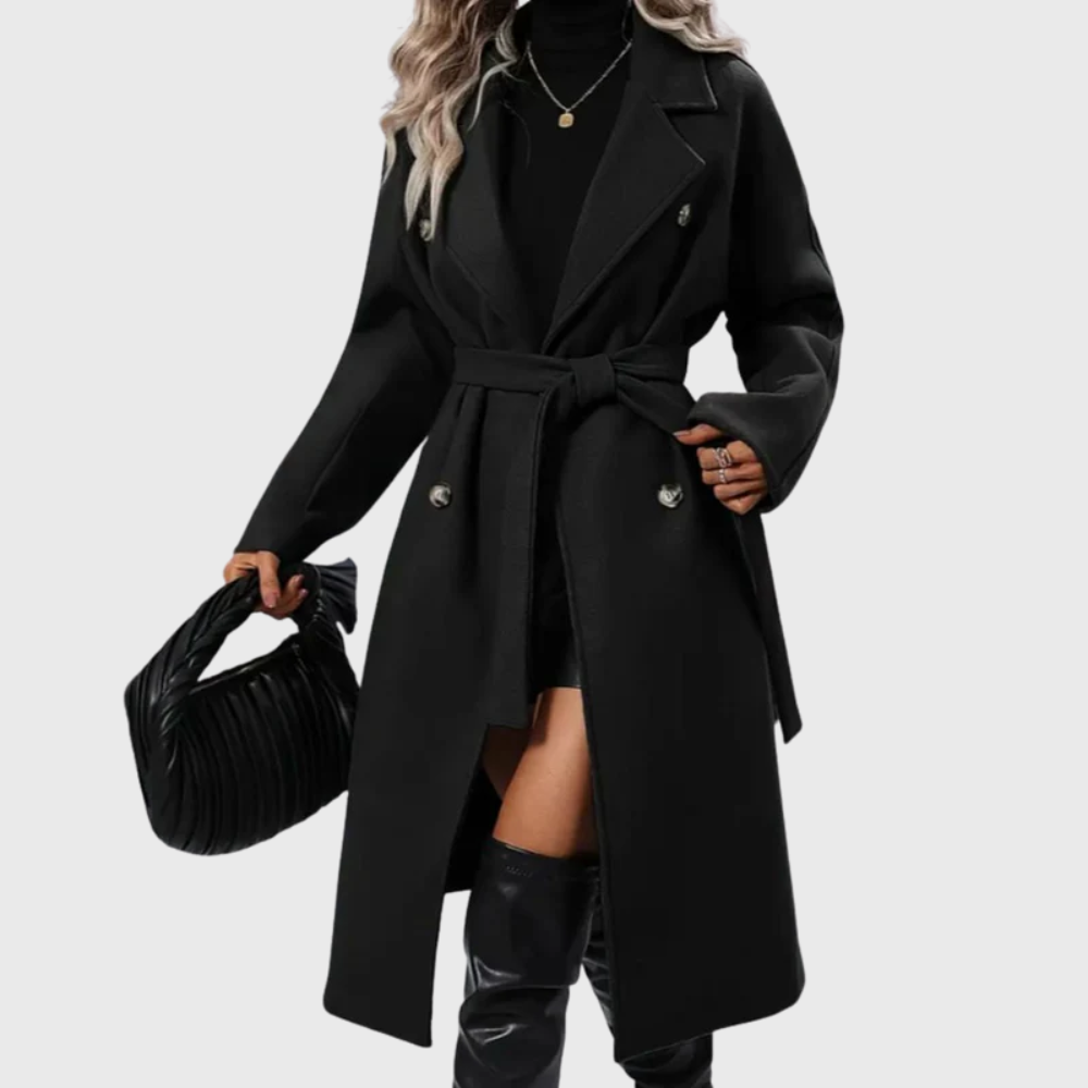 Notch Lapel Belted Double Breasted Longline Coat