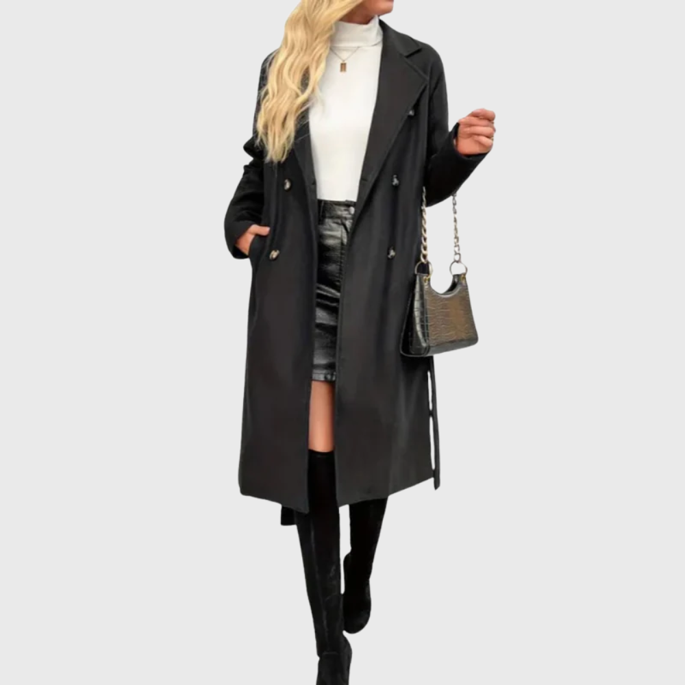 Notch Lapel Belted Double Breasted Longline Coat