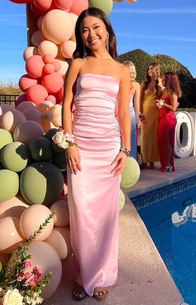Satin Strapless Ruched Bodycon Maxi Dress 12
