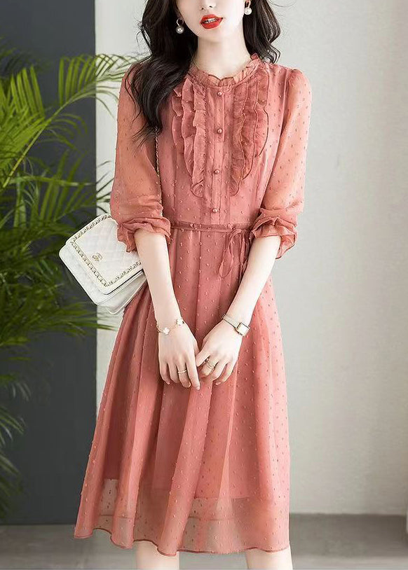 Chiffon Swiss Dot Ruffle Collar Button Front Tie Waist Long Sleeve Ruffle Cuff Midi Dress
