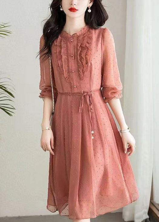 Chiffon Swiss Dot Ruffle Collar Button Front Tie Waist Long Sleeve Ruffle Cuff Midi Dress