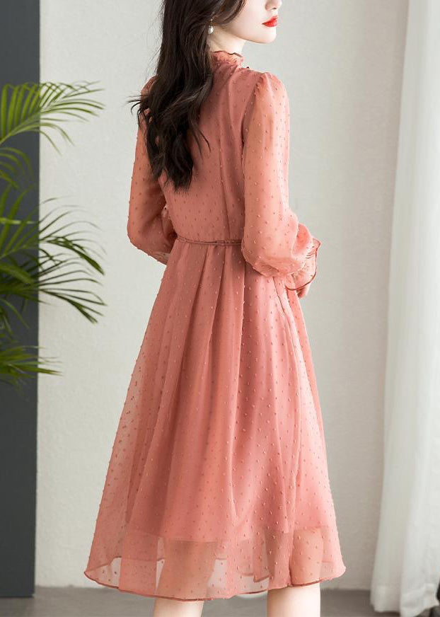 Chiffon Swiss Dot Ruffle Collar Button Front Tie Waist Long Sleeve Ruffle Cuff Midi Dress