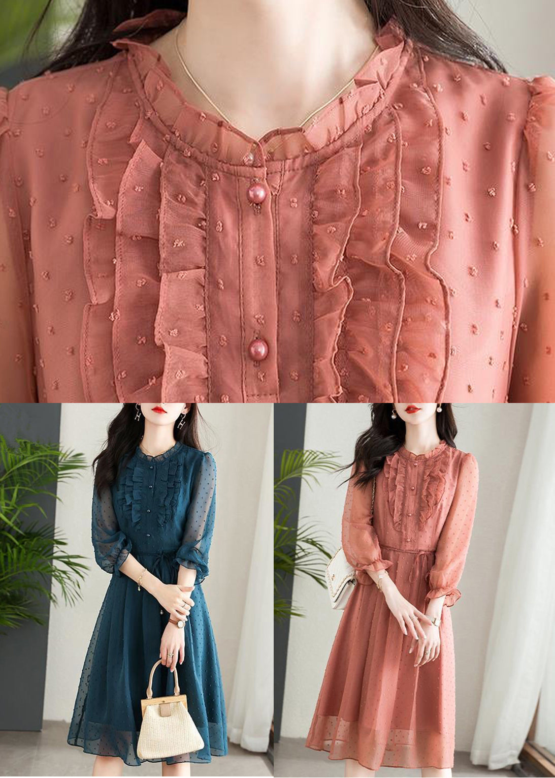 Chiffon Swiss Dot Ruffle Collar Button Front Tie Waist Long Sleeve Ruffle Cuff Midi Dress