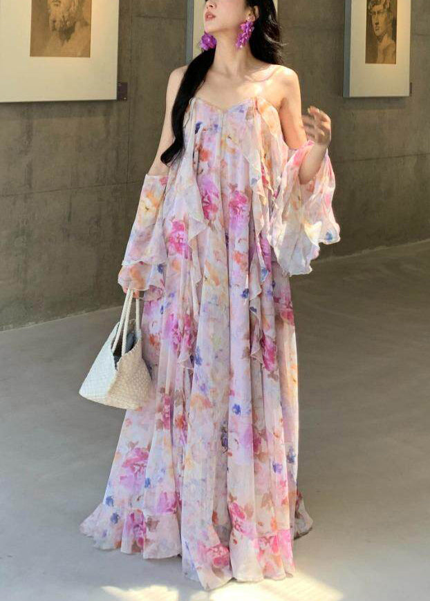 Spaghetti Strap Floral Chiffon Tiered Flowy Maxi Dress
