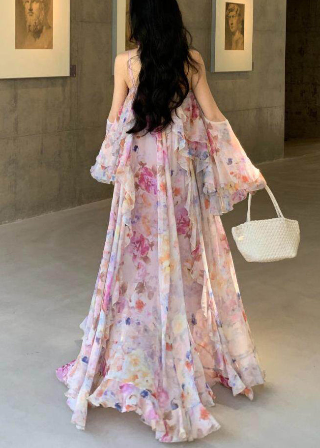 Spaghetti Strap Floral Chiffon Tiered Flowy Maxi Dress