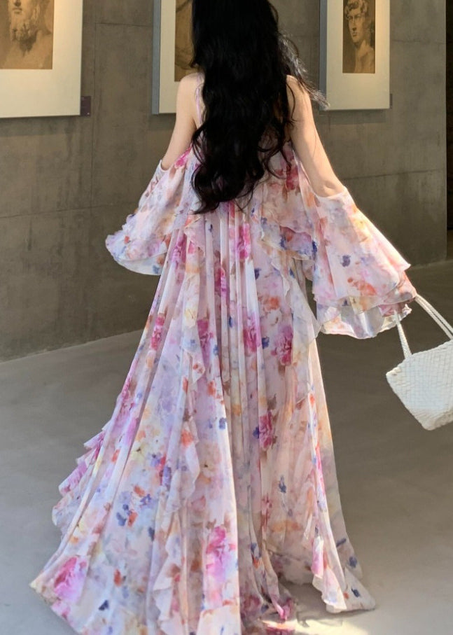 Spaghetti Strap Floral Chiffon Tiered Flowy Maxi Dress