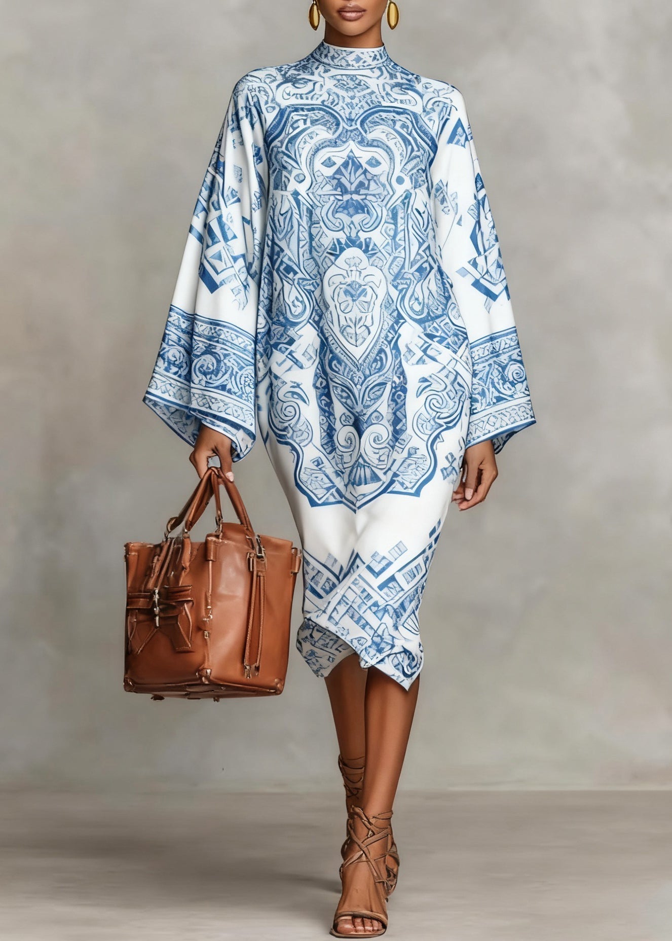 Mock Neck Bell Sleeve Tulip Hem Kaftan Midi Dress