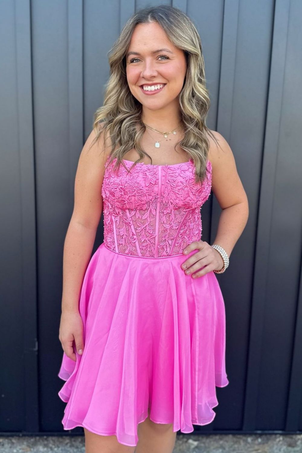 Pink A-Line Strapless Lace Top Short Tulle Homecoming Dress